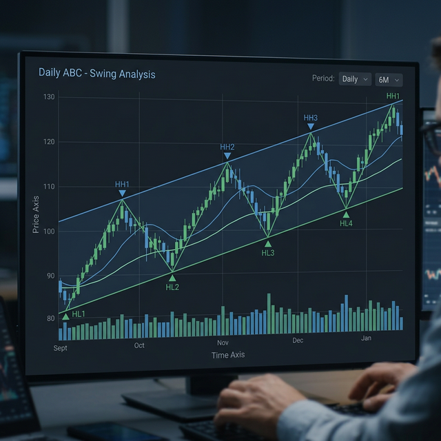 Swing Trading - Tageschart mit Swing-Hochs und -Tiefs
