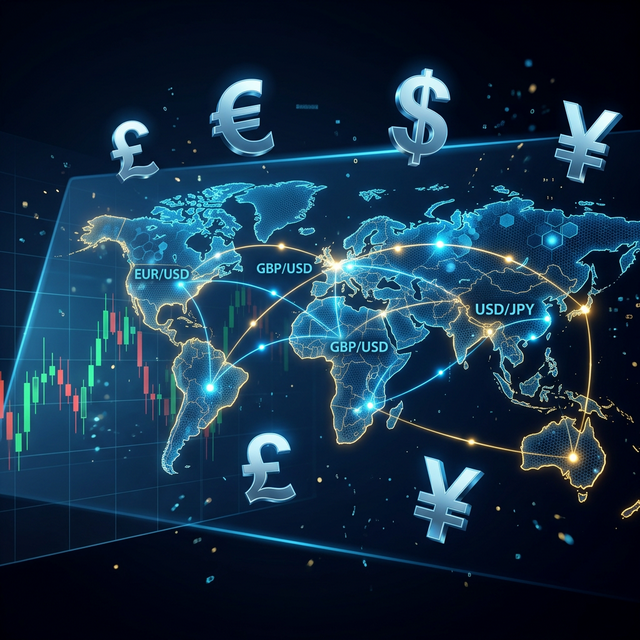 Forex CFD Trading - Weltkarte mit Waehrungspaaren EUR USD GBP JPY