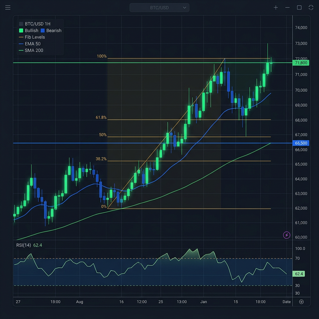 Technische Analyse mit Candlestick-Chart, RSI und Fibonacci-Levels