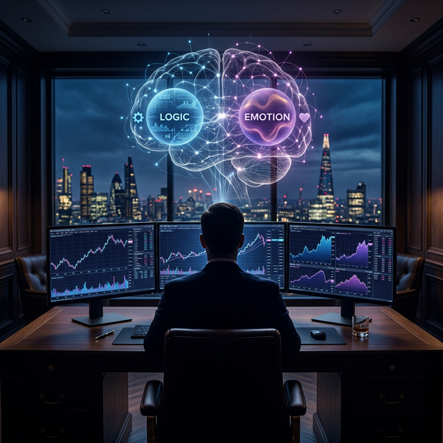 Trading Psychologie - Logik vs Emotion beim Trader am Schreibtisch